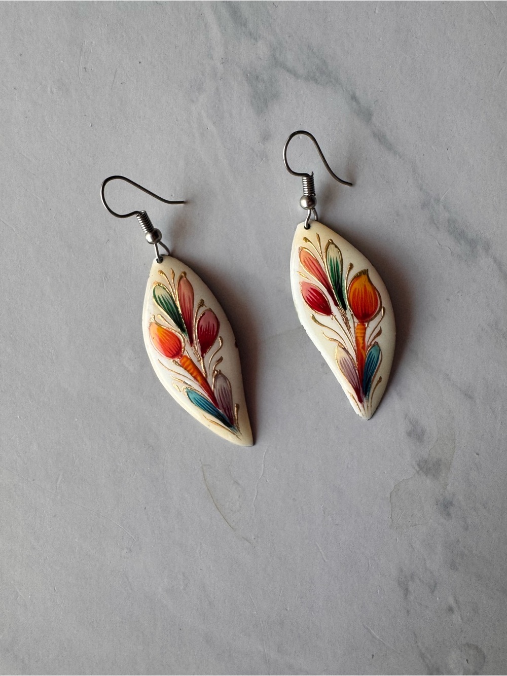 Hand-Painted Cream Leaf Drop Earrings with Multicolor Floral Design